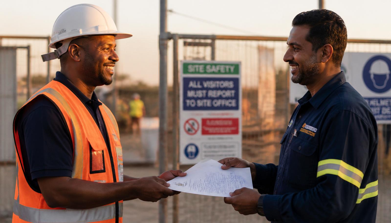 Site foreman handing a South African Letter of Good Standing (COIDA compliance certificate) to a principal contractor at a construction site gate