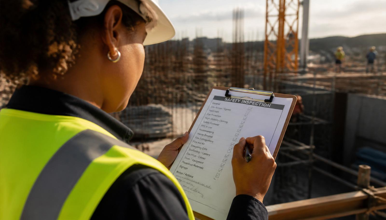 South African safety officer completing an OHS Act compliance checklist on a clipboard during a site safety inspection