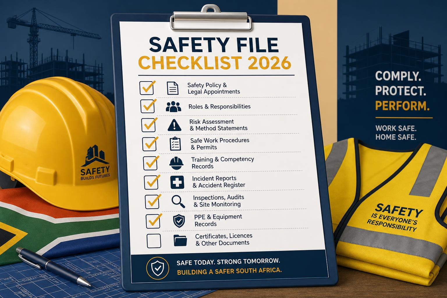 Construction safety file checklist 2026 infographic on a clipboard with a hard hat and high-vis vest