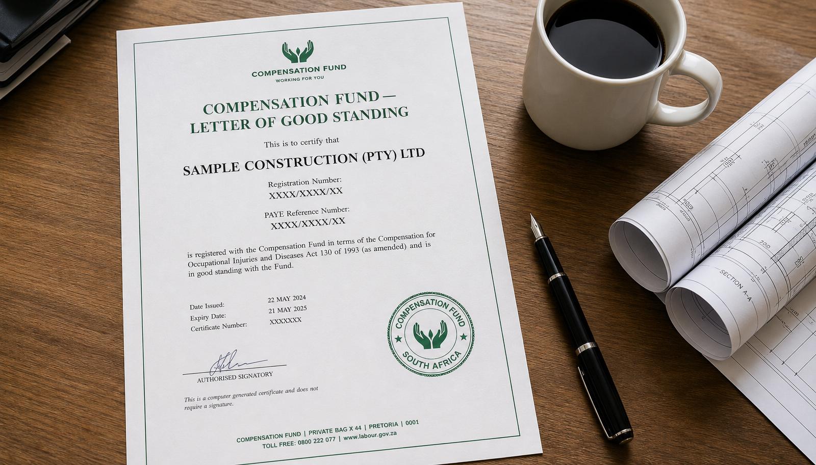 South African Compensation Fund Letter of Good Standing certificate on a desk beside construction drawings, illustrating COIDA registration for employers