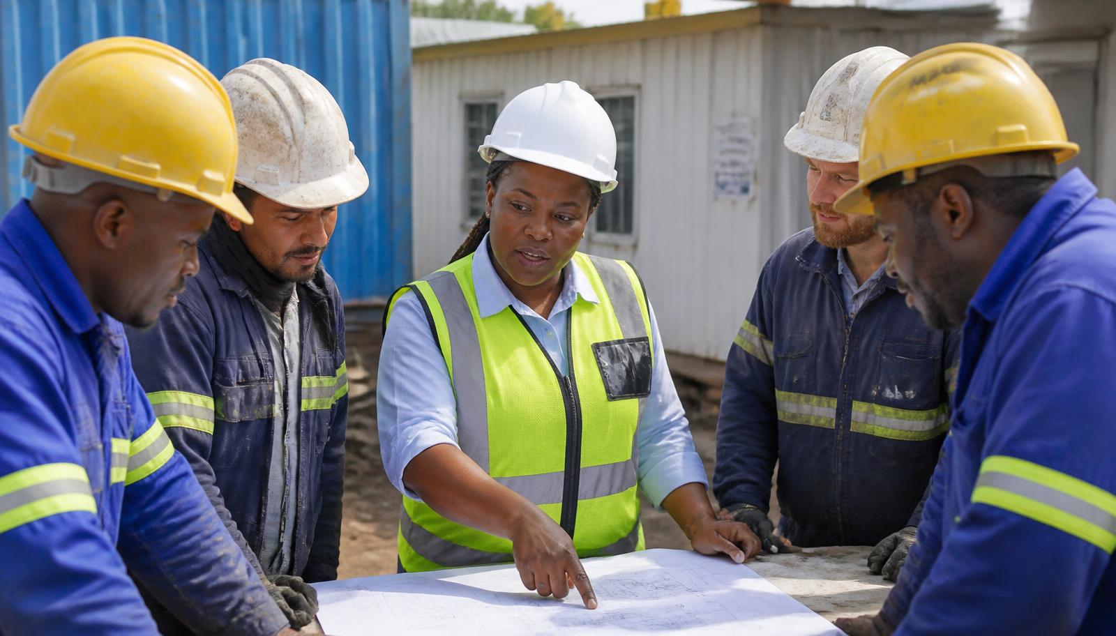 Diverse South African construction team in a toolbox talk led by a female safety officer, illustrating Construction Regulations 2014 duties on site