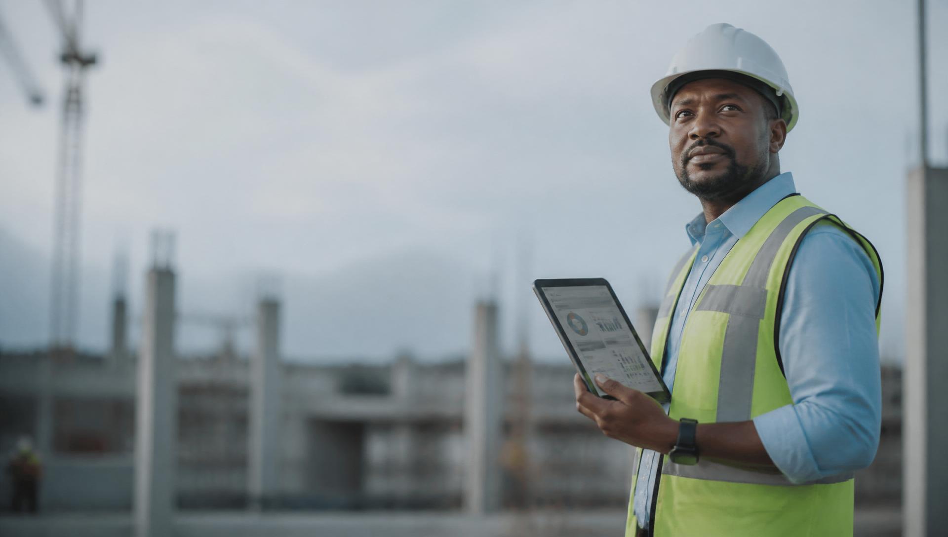 South African safety consultant on site showing a compliance dashboard on a tablet